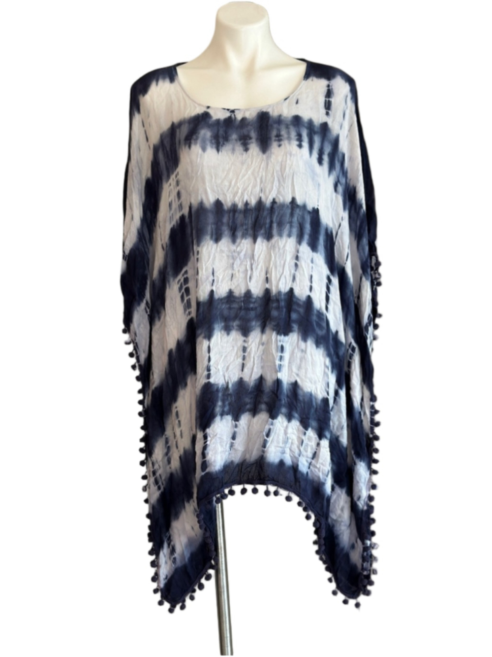 Navy & White Tie-Dye Pom Pom Swim Coverup